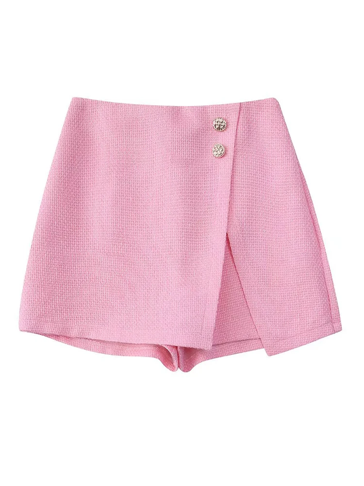 

YENKYE 2022 Fashion Women Pink Tweed Culottes Elegant Female False Button Trim Side Zipper High Waist Shorts