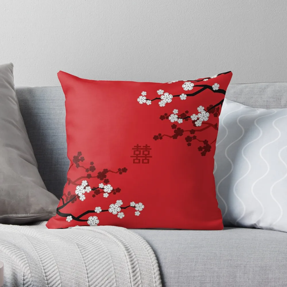 

Pillowslip White Oriental Cherry Blossoms on Red and Chinese Wedding Double Happiness | Japanese Sakura fat Throw Pillow