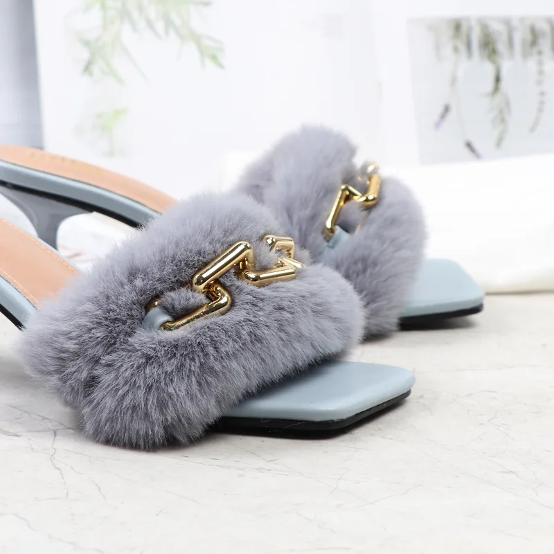 Summer Women High Heels Sandals Mules Slides Low  Metal Chain Furry Slippers Sexy Outdoor Shoes Fluffy  Zapados Mujer