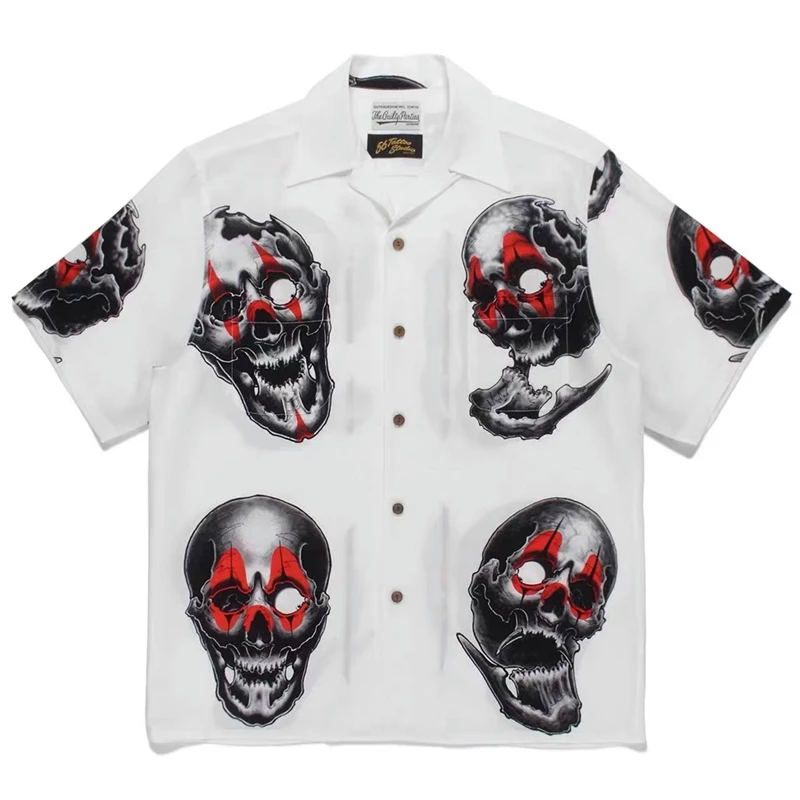 

2023ss WACKO MARIA Shirt Men Women Black and White Tattooed Red Skull Printing Vintage Hawaiian Shirt WACKO MARIA T-shirt Tees