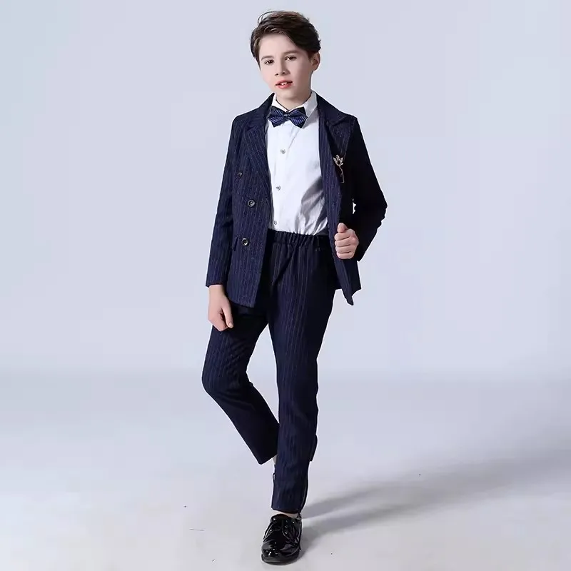 Детский двубортный пиджак в синюю полоску жилет и брюки платье-смокинг для