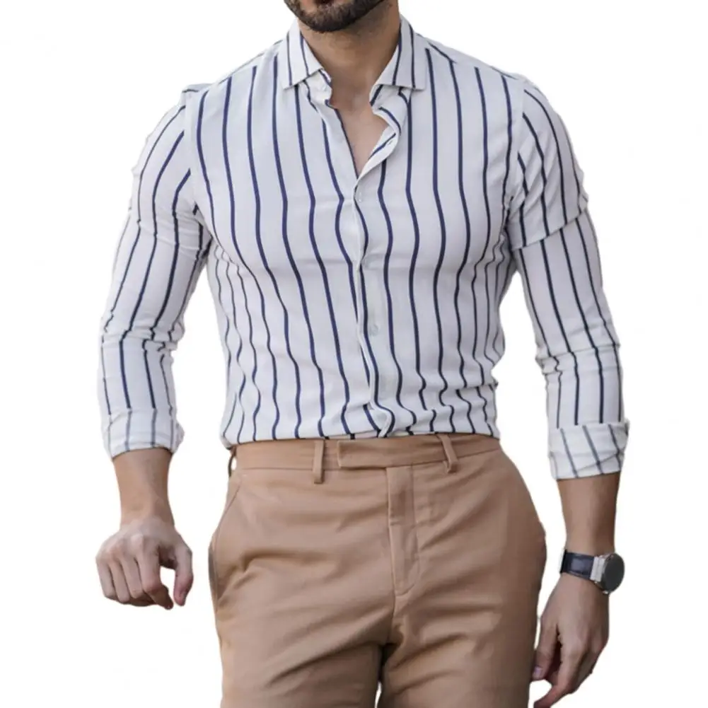 

Long Sleeve Men Top Stylish Men's Striped Print Business Shirt Slim Fit Long Sleeves Turn-down Collar for Formal Fall Wear Lapel