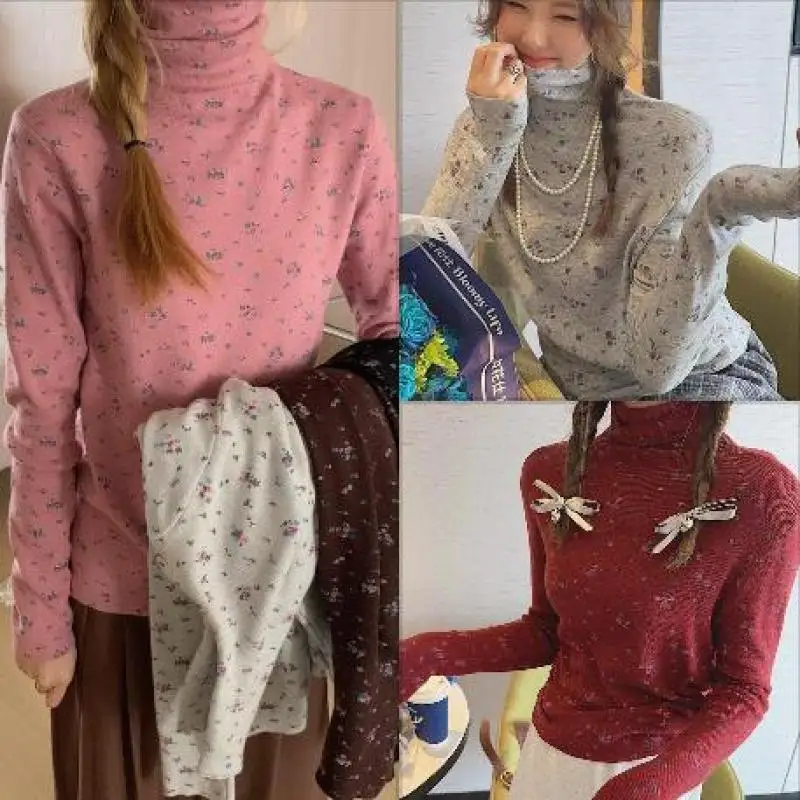 Корейский вязаный свитер с высоким воротом Женский облегающий разноцветный