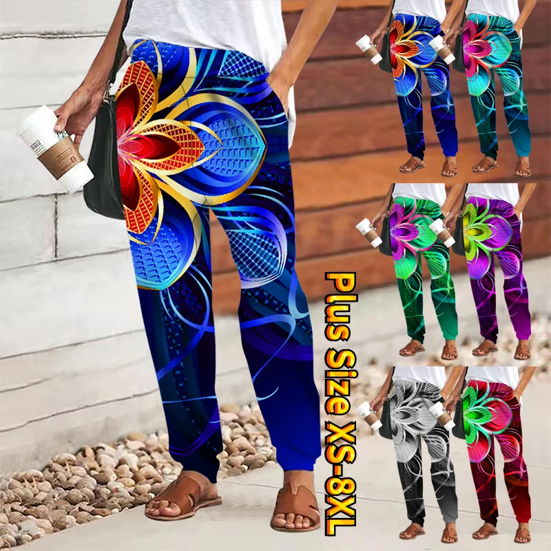 

2023 Holiday Weekend Trousers Fashion Side Pockets Full Length Comfort Loose Fit Floral Print Pants Women's Wide Leg Pants 8XL
