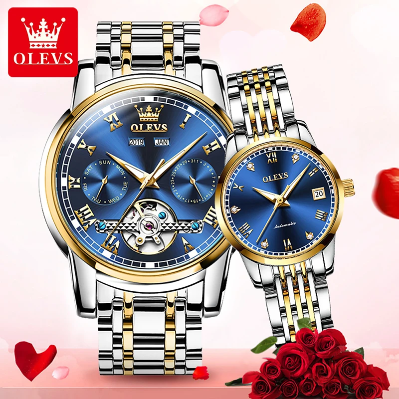 OLEVS Trend Couple Watch Fashion Tourbillon Hollow Stainless Steel Automatic Mechanical Wristwatches Gold Plated Case Waterproof