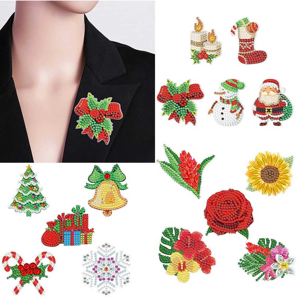 

5 Piece New Diamond Painting Brooch Christmas Decor Clothing Accessories Floral Brooch Mosaic Embroidery Kit Christmas Gifts