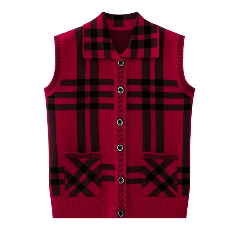 Вязаные свитера жилет для пожилых мам среднего возраста клетчатый кардиган без