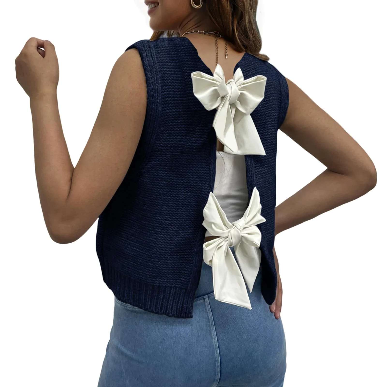 Combhasaki женский Y2K Kawaii милый трикотажный жилет с бантом и завязками на спине