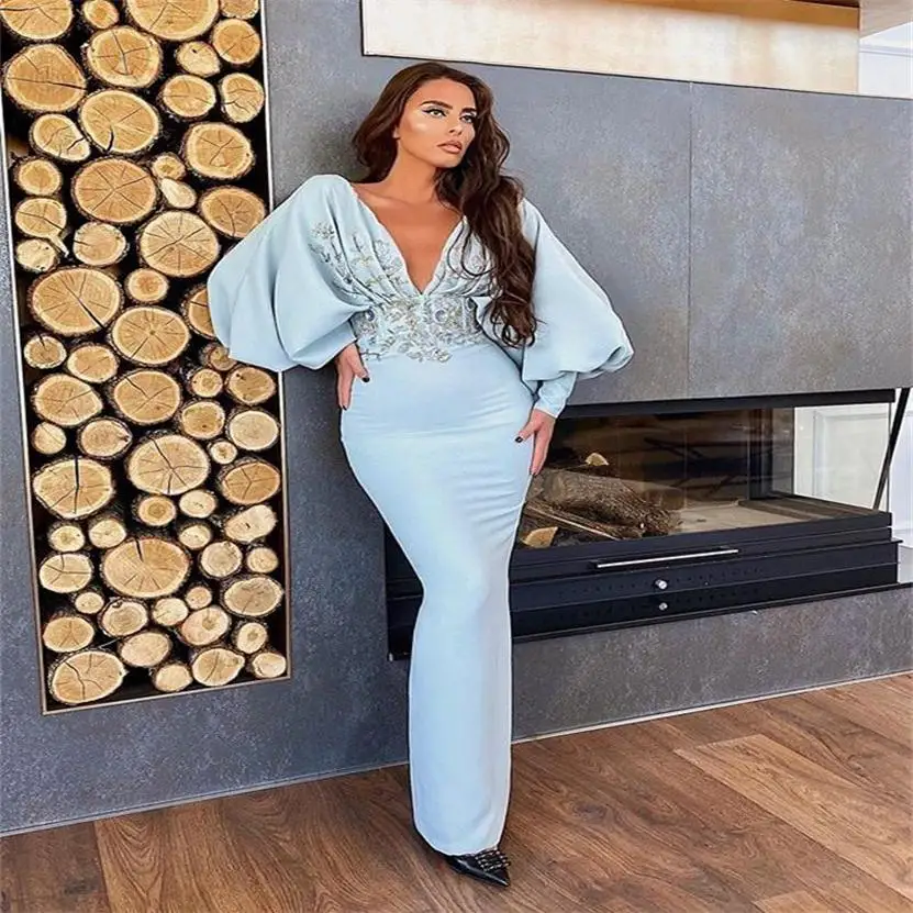 

Evening Dresses Mermaid V-Neck Long Sleeve Floor-Length NONE Train Crystal Beaded Embroidery Satin Deep V-Neck