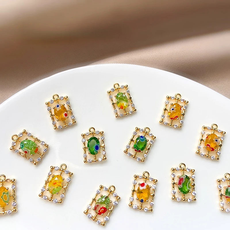 

Copper Plated 18K Real Gold Inlaid Thousand Colors Glass Inlaid Zircon Exquisite Square Pendant DIY Earrings Necklace Material