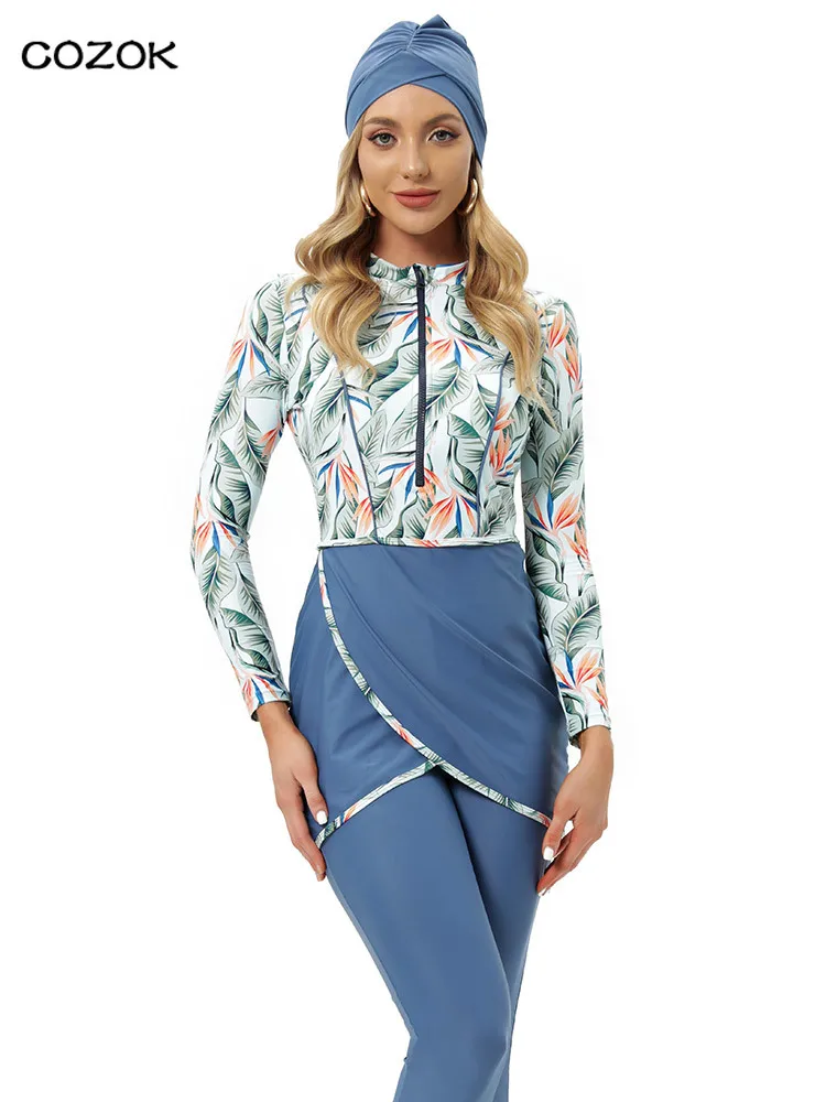 

2020 bikini Women Muslim Swimwear Floral Long Print Full Cover Swimsuit Hijab Islamic Burkinis Beachwear Swimming Bathing Suit
