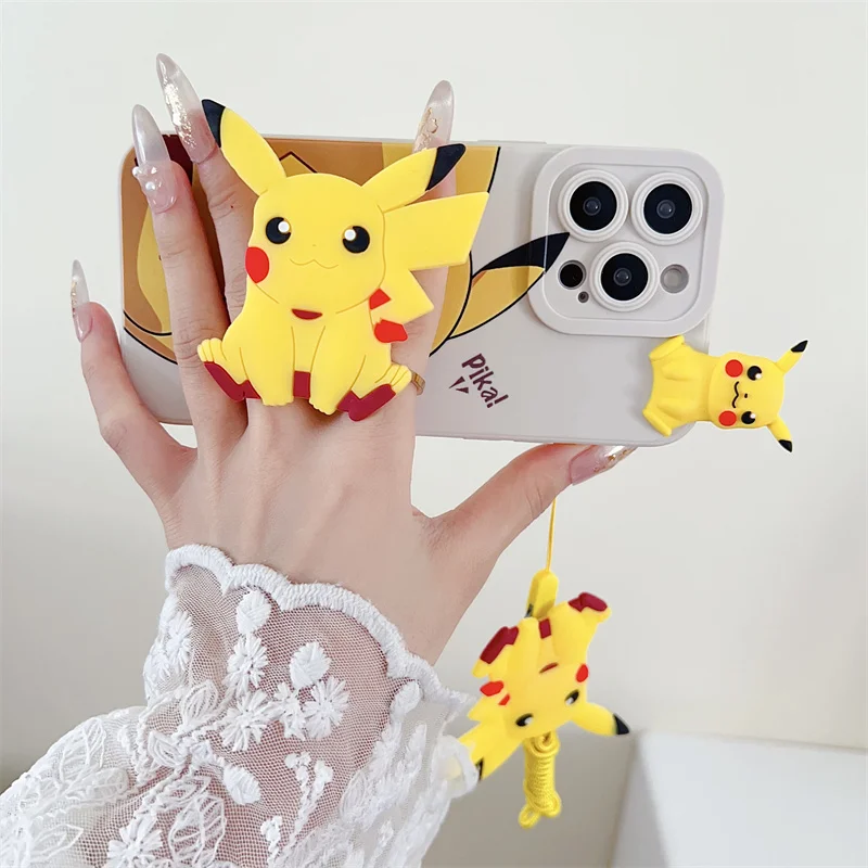 Чехол-подставка для iPhone 11 12 13 14 15 Pro Max Y2K с 3D Аниме милым покемоном Пикачу ремешком
