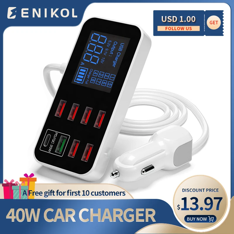 

40W Car Charger QC3.0 USB Charger Travel Mobile Phone Adapter Fast Charger with LED Display For iPhone Samsung Huawei Xiaomi