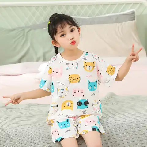 Детские пижамные комплекты для малышей, хлопковая одежда для сна для мальчиков, летняя Пижама для девочек, пижама с мультяшным котом, футбол...