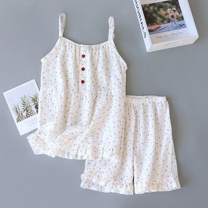 

Sling Crepe Pajamas Shorts Girl Summer Cute Japanese Camisole Suspender Washed Cotton Gauze Shorts Loungewear Loose Suit Night