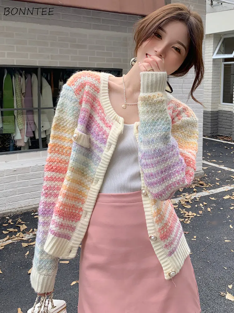 

Tender Soft Sweet Cardigans Women Rainbow Ins Knitted Young Preppy Korean Style Chic All-match Girls Sweaters Autumn New Arrival