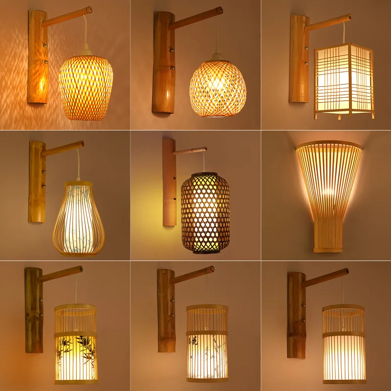 

Classic Bamboo Wood Lustre Wall Sconce Lamp Ceiling Rattan Wicker Rustic Light Handmade Art Craft for Home Living Bed Room Decor