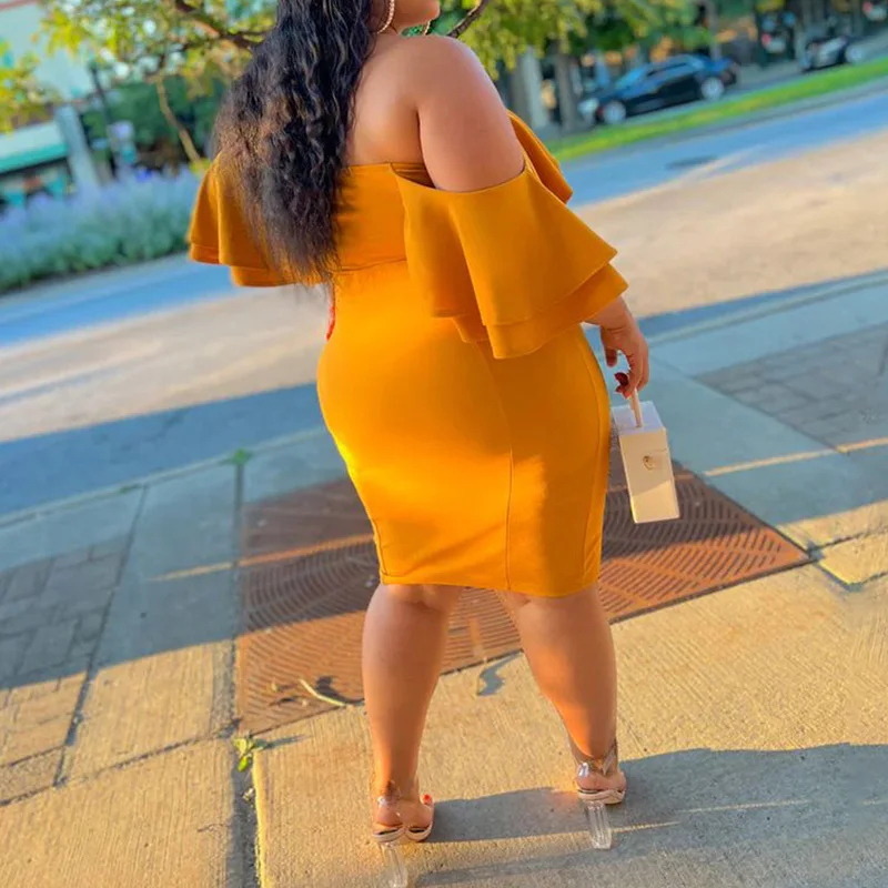 Sexy Plus Size Clothes Women Summer Autumn Double-deck Ruffles One Word Neck Backless Bag Hip Irregular Party Slim Short Dress