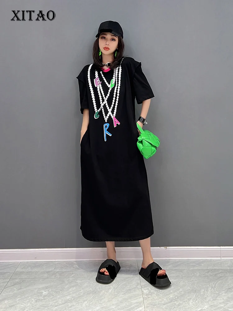 

XITAO Casual Dress Loose Fashion Contrast Color Beaded Necklace Pattern Print Summer New Hollow Out Exposed Waist Women WMD7317