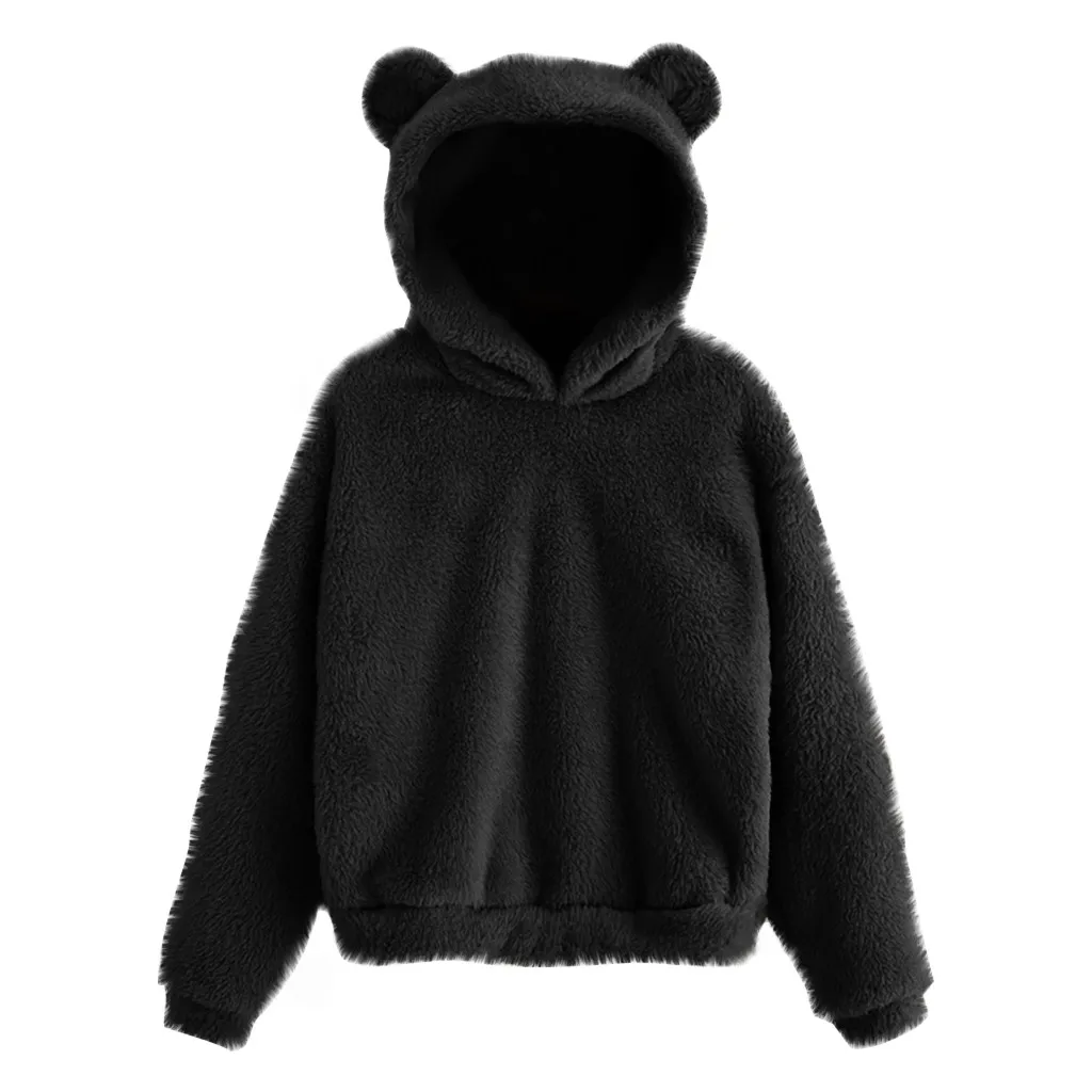 

Осенне-зимний теплый свитер с длинными рукавами, Женская однотонная толстовка с капюшоном, милый пуловер с капюшоном и ушками медведя, флисовый Повседневный теплый свитер