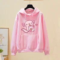 axlotl drinking strawberry milk printed hoodies cartoon girls warm hooded pullover harajuku womenmen sweatshirt pink korean top