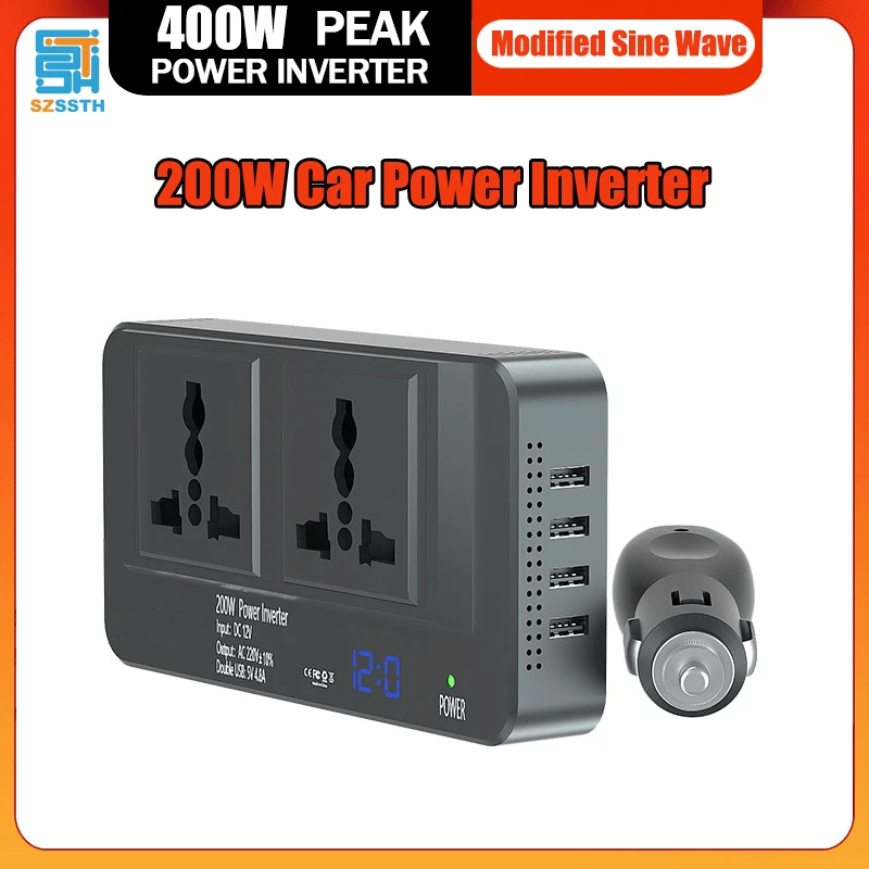 

Автомобильный инвертор SSTH 200 Вт, 12 В постоянного тока в 220 В переменного тока, преобразователь, розетки, 4 USB, быстрая зарядка, универсальная розетка, адаптер питания, инвертор