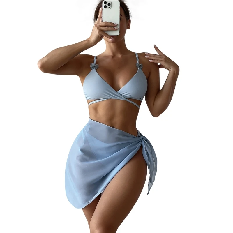 

Однотонный купальный костюм для женщин, купальник на бретелях-спагетти, купальник из 3 предметов, купальник с пляжной юбкой, бикини на шнуровке, пляжная одежда