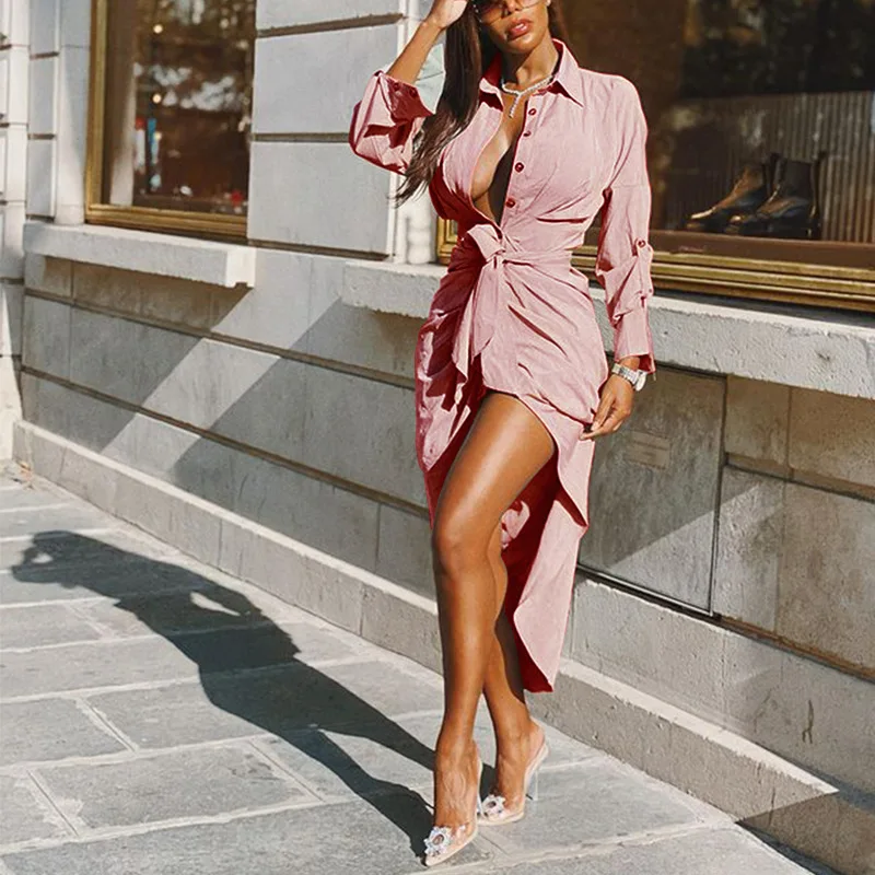 

Women Elegant Autumn Irregular Long Shirt Dress Fashion Casual Long Sleeve Turn Down Collar Lace Up Loose Dress