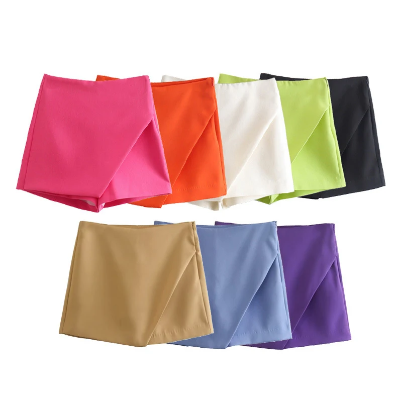 Женские ассиметричные шорты с высокой талией винтажные однотонные карманами