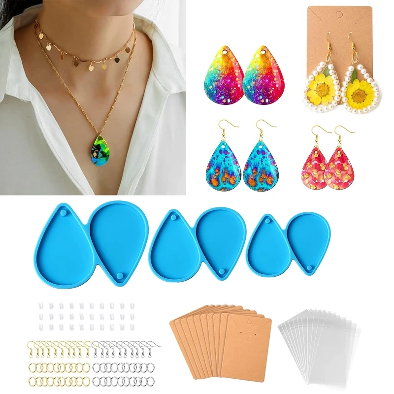 

113 Pcs Water Drop Earrings Resin Mould Jewelry Set Includes Ear Hooks Jump Rings Card Stocks Earplugs and Plastic Bags T8DE