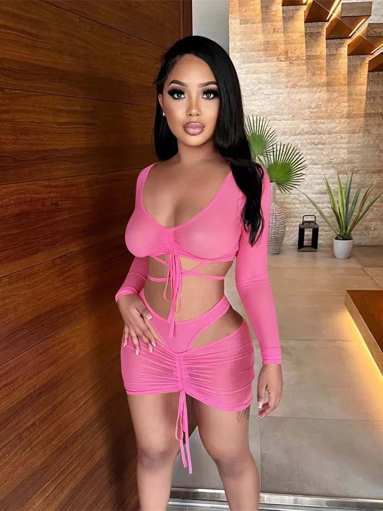 

WJFZQM Fashion Drawstring See-Through Mesh Long Sleeve Two-Piece Set Women 2022 Summer Sexy Party Nightclub Beach Wear Female