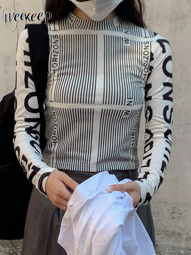 

Weekeep Fashion Letter Print Crop Top 2022 Autumn Long Sleeve Slim T-shirts Women Casual Skinny O Neck Knit Pullovers Basic Y2k