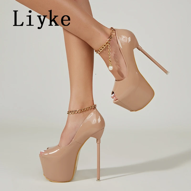 

Liyke 2023 New Peep Toe 17CM Super High Heels Platform Pumps Metal Chain Ankle Strap Sexy Nightclub Stripper Shoes Women Black