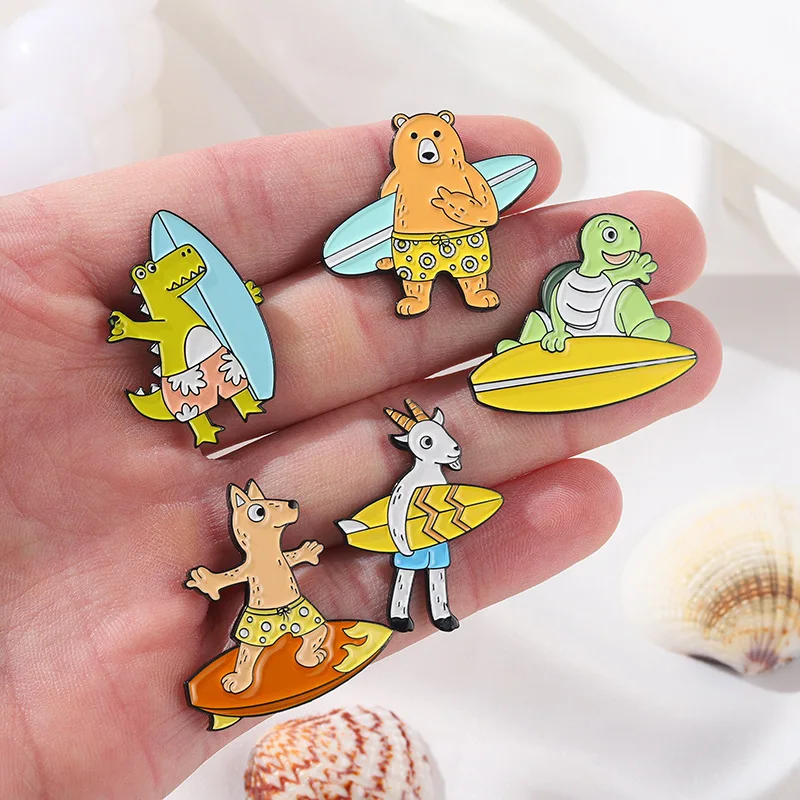 

Cartoon Funny Animal Surfing Alloy Brooch Fashion Jewelry Enamel Pin Clothes Shirt Collar Pins Backpack Badge Women Accessories