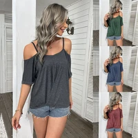 2022 women ins summer new sexy short sleeved solid color vintage t shirt loose casual off the shoulder shirt one shoulder tops