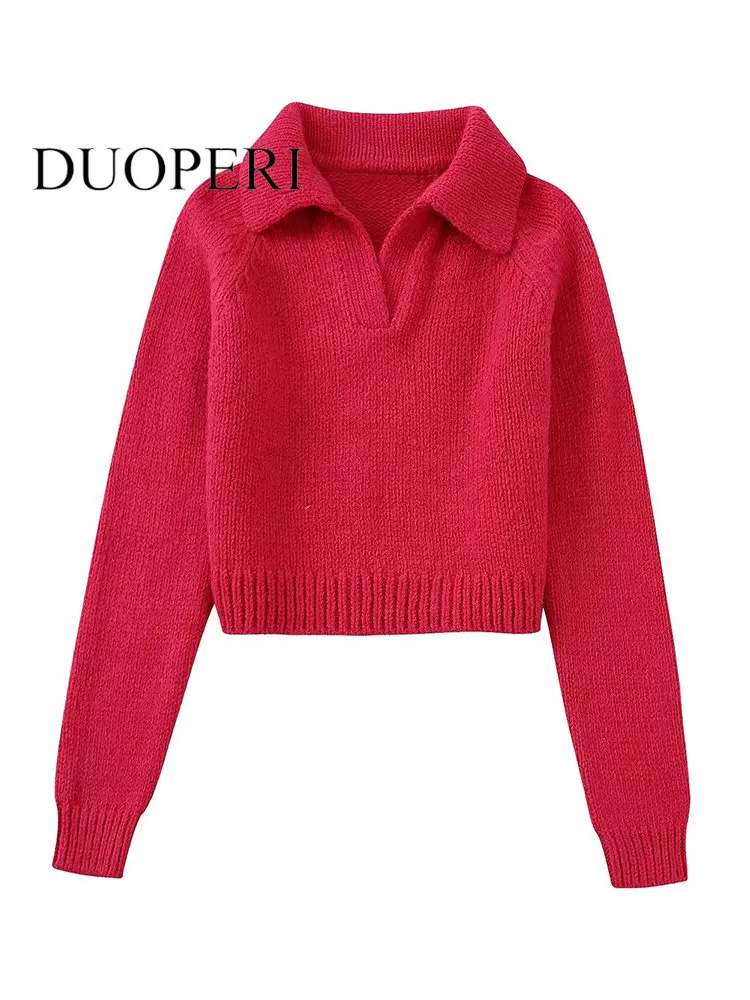 

DUOPERI Women Fashion Soild Knitted Pullover Sweater Vintage Polo Collar Long Sleeves Female Chic Lady Tops