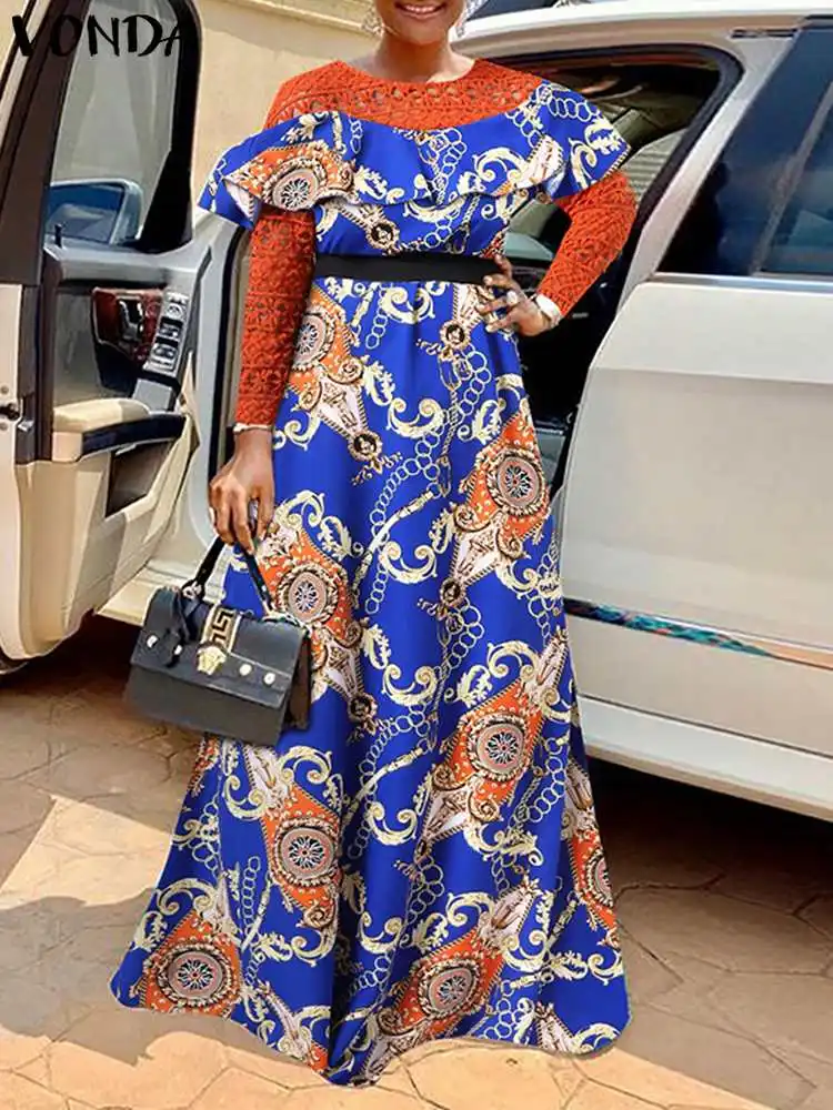 

Bohemian Party Dress 2022 VONDA Women Autumn Lace Patchwork Belted Print Sundress Long Sleeve Casual Loose Pleated Ruffled Robe