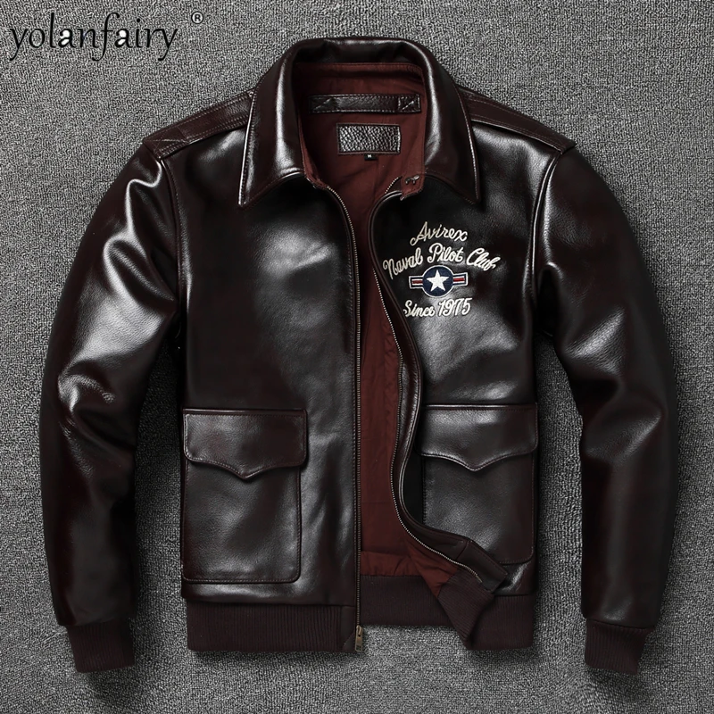 

Genuine Leather Jacket Men New Flight Suit Men's Head Layer Oil Wax Leather Retro Embroidery Motorcycle Jacket Chaquetas Hombre