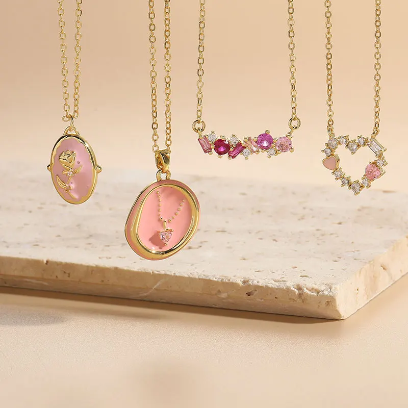 

2023 New Fashion Women Bohemian Rose Pink Oil Drip Coin or Zircon Inlaid Hollow-out Love Heart Pendant Necklace Jewerly