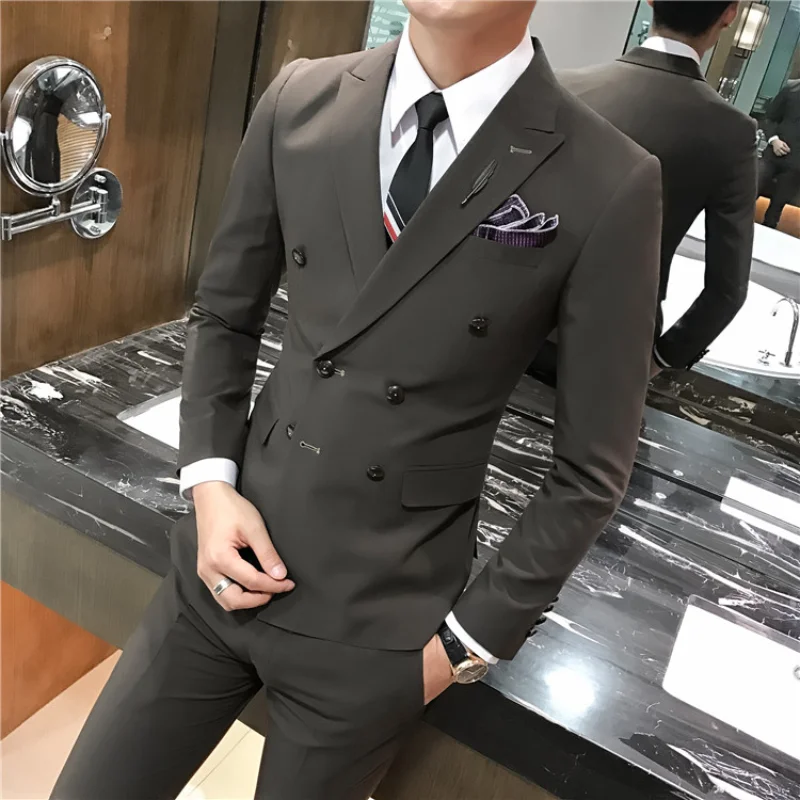 

[Jacket+Pants]British solid color double-breasted men's suit suit men's slim tuxedo jacket pants formal dinner wedding groom