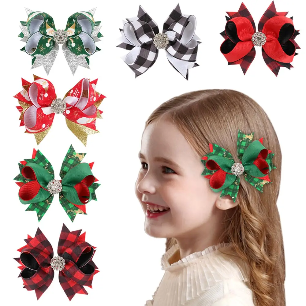 

4.5" Christmas Multi-Layers Hair Clips Rhinestone Buttons Glitter Plaid Bows Hairpins Boutique Ribbon Hairbow Hair Accessories