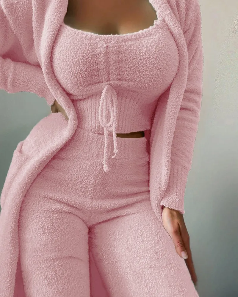 

Пижама зимняя Pjs, подходящие части, новый женский укороченный комплект, топы + длинные брюки + пальто, теплая Женская плюшевая Пижама 2022, 3 кос...