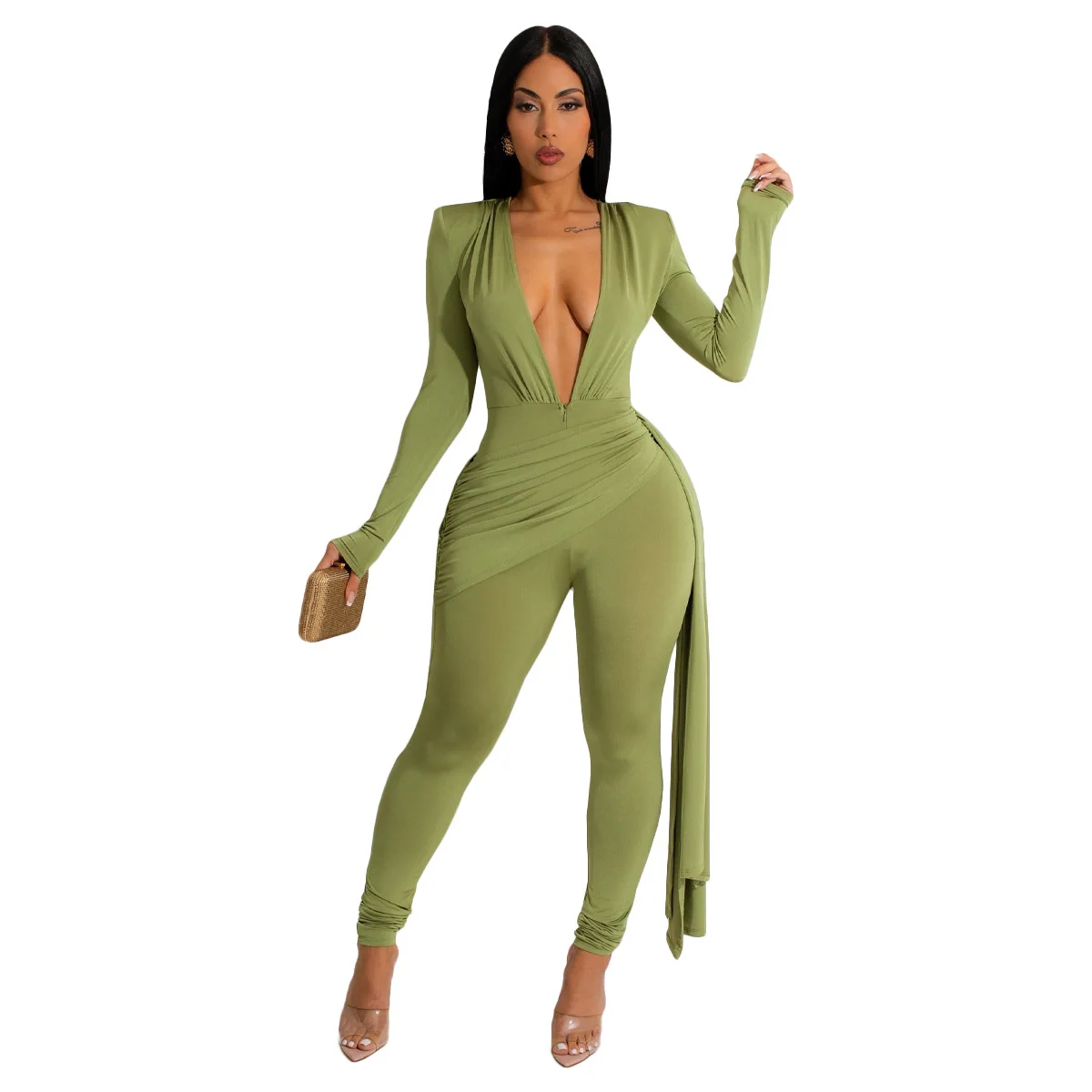 Spring Fashion Sexy Solid Jumpsuit for Women Deep V-neck Long Sleeve Zipper Night Club Outfit Women Elegant Long Jumpsuits