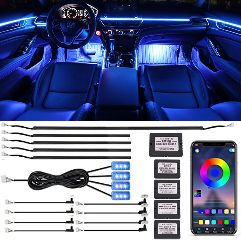 18 In 1 LED Car Ambient Lights Interior LED Acrylic Strip Light RGB 64 Color Light Guide Fiber Optic Decoration Atmosphere Lamp