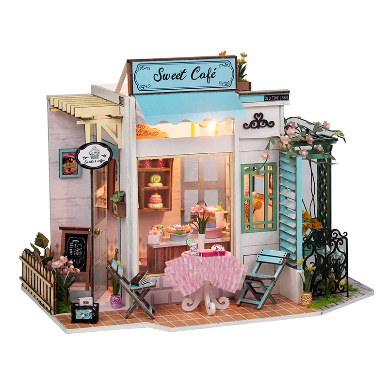 

DIY Wooden Dollhouse Miniature Furniture With LED Kit Sweet Coffee Shop Assemble Doll House Children for Birthday Gift Casa
