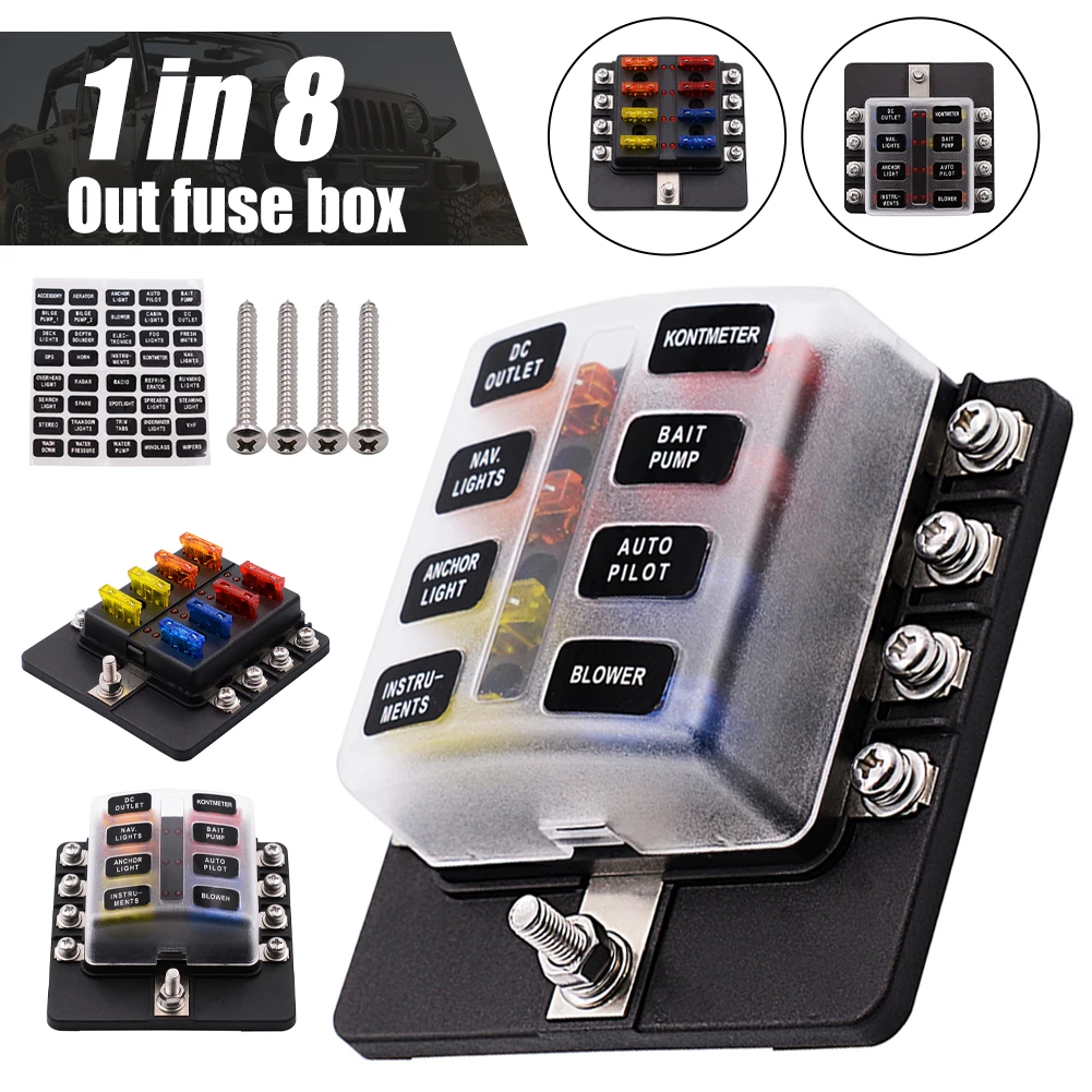 8-Way Blade Fuse Box 32V Car Marine Fuse Block Waterproof For Car Boat Fuse Included With LED Indicator Light Label Sticker