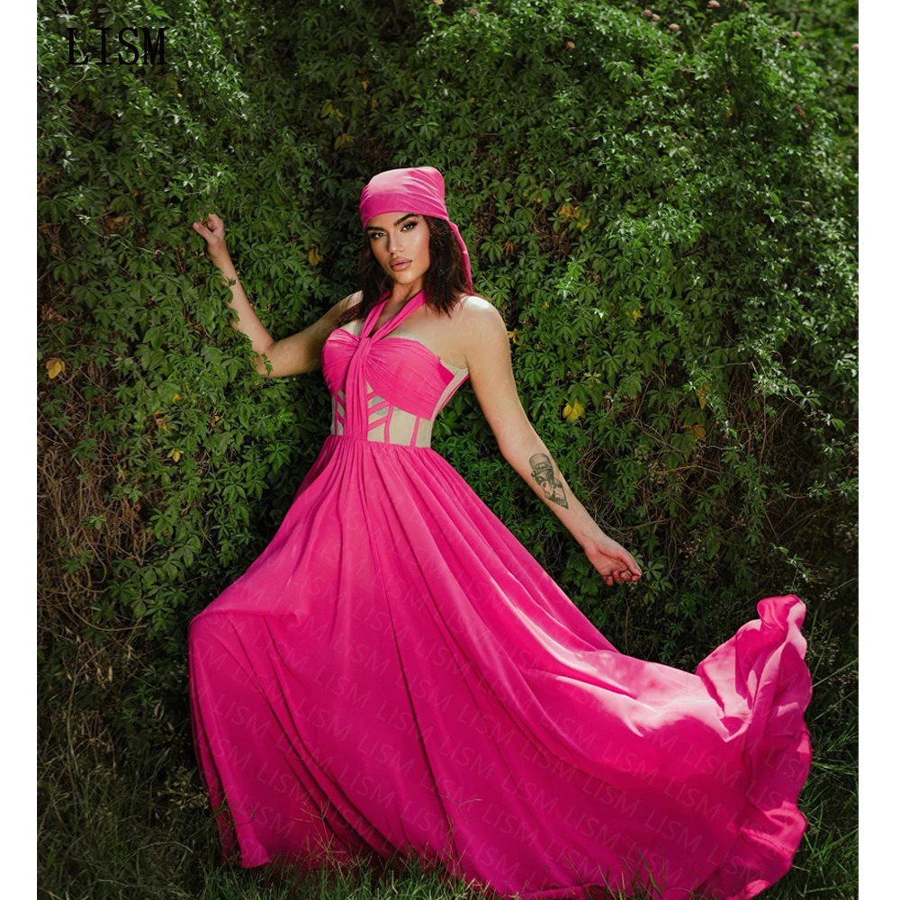 

LISM Pink Halter Sweetheart Empire Cocktail Party Dresses Elegant Floor Length Draped Evening Prom Gowns A-line Robe De Soirée