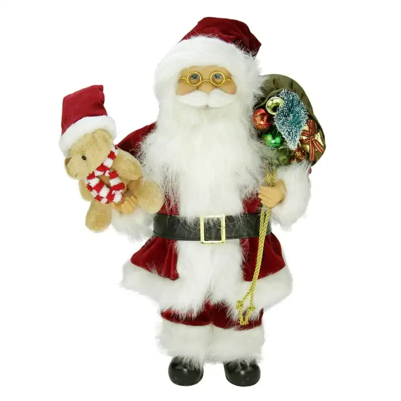 

Traditional Standing Santa Claus Christmas Figure with Teddy Bear and Gift Bag