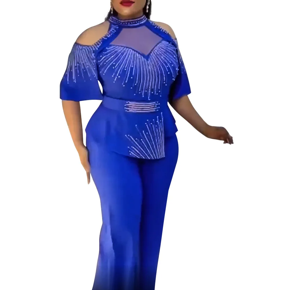 

2022 Summer Fashion African Women O-neck Polyester White Yellow Blue Green Two Pieces Sets Top and Long Pant African Suit