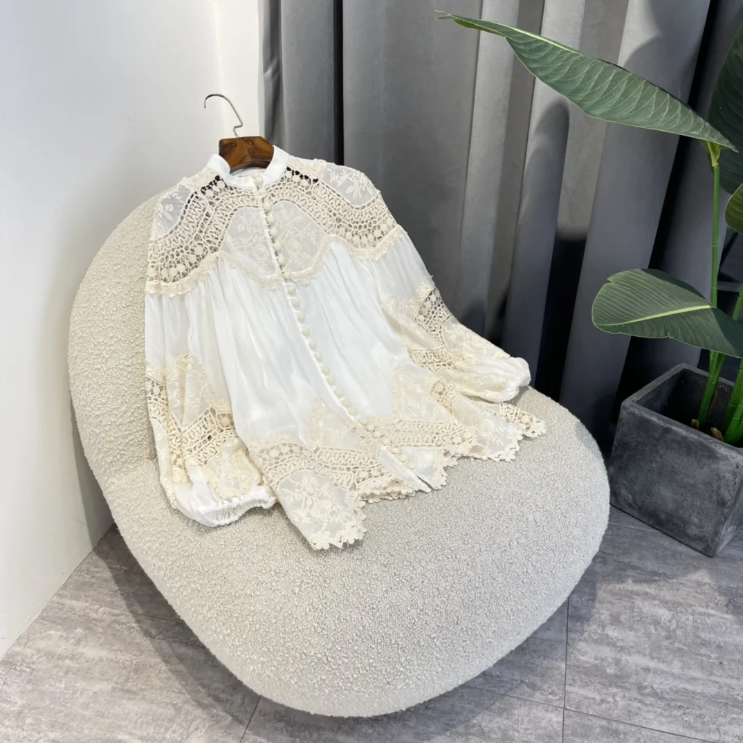 

Latest 2022 Autumn High Quality Ramie Ease Beige Embroidery Hook Flower Hollow Balls Buttons Loose Blouse Women